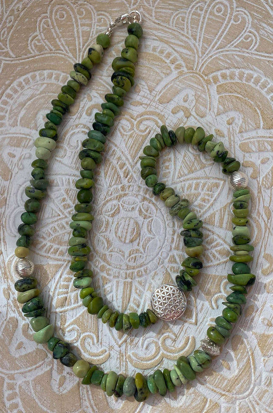 edles Edelstein Kette - Collier aus Nephrit Jade - Blume des Lebens - Edelsteinkette - 925er Silber Schmuck #0017