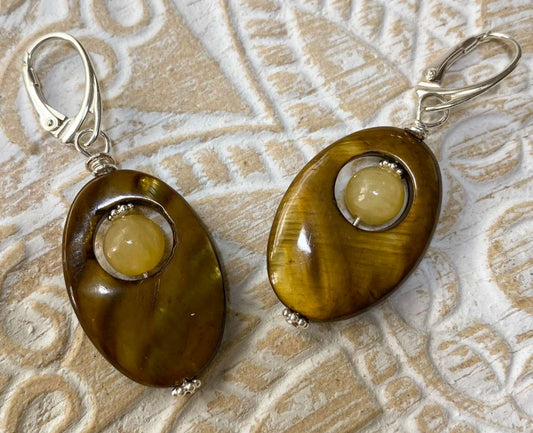 Retro Ohrringe aus Perlmutt - Orangencalcit - A Qualität - 925er Silber Schmuck #6857