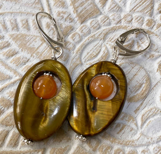 Retro Ohrringe aus Perlmutt - Orangencalcit - A Qualität - 925er Silber Schmuck #6291
