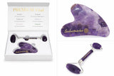 Amethyst PREMIUM Set de masaje vital Rodillo de cristal + Gua Sha - Guasha - Rodillo de piedra preciosa - Jade - Rodillo facial