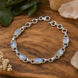 Regenbogenmondstein Edelstein Schmuck Armband aus 925er Silber – 19,5 cm #8093