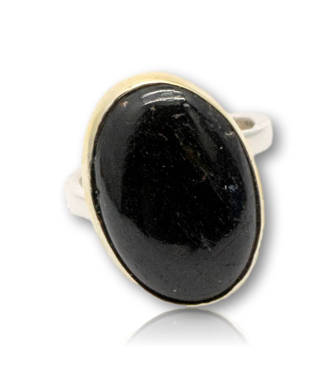 edler schwarzer Turmalin Ring aus 935er Silber - 24K vergoldet - Made in Germany - Größe 59 - #5267