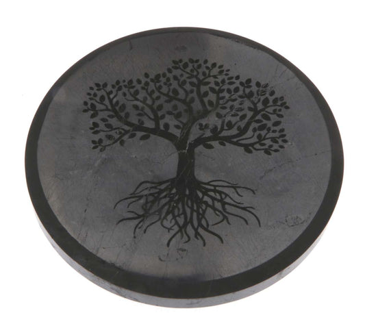 Schungit Platte - Baum des Lebens - Untersetzer Glas - 10 x 1cm, poliert - #6515