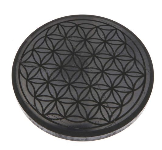 Schungit Platte - Blume des Lebens - Untersetzer Glas - 10 x 1cm, poliert - #6514