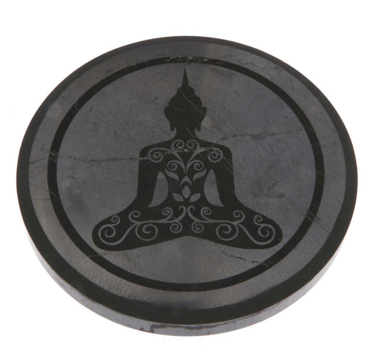 Schungit Platte - Buddha - Untersetzer Glas - 10 x 1cm, poliert - #6516
