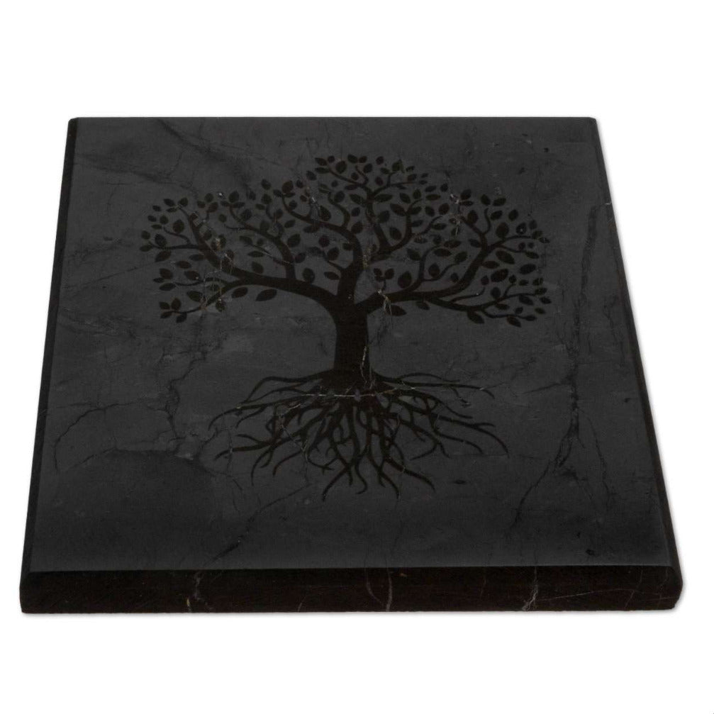 Schungit Platte - Baum des Lebens - Lebensbaum - Untersetzer Glas - 10 x 10 x 1cm, poliert