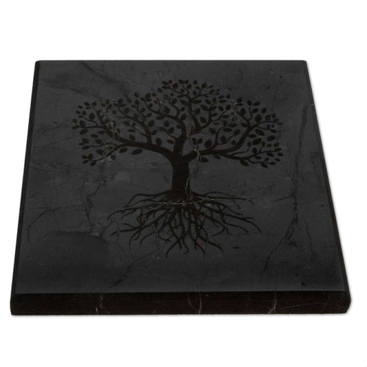 Schungit Platte - Baum des Lebens - Lebensbaum - Untersetzer Glas - 10 x 10 x 1cm, poliert