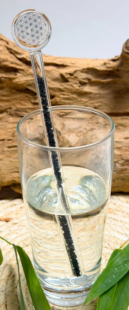 Edelsteinwasser schwarzer Turmalin - Schörl PREMIUM Vital Crystal Water Stick - Blume des Lebens - seelensteinchen