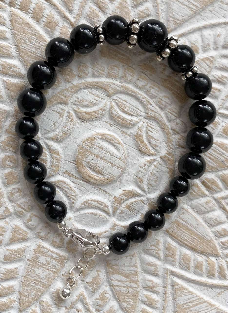 schwarzer Turmalin - Schörl Edelstein Armband - Edelsteinarmband - 925er Silber Schmuck - #6047
