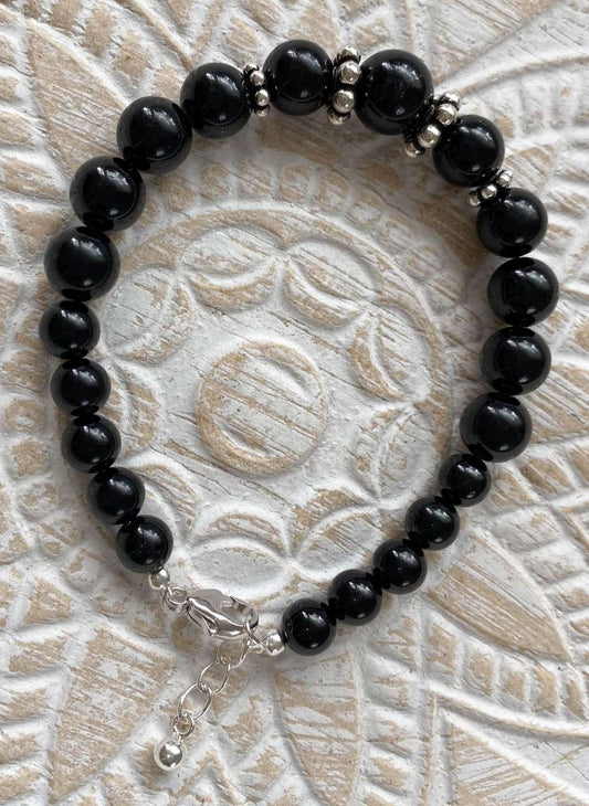 schwarzer Turmalin - Schörl Edelstein Armband - Edelsteinarmband - 925er Silber Schmuck - #6047