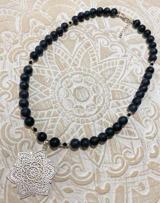 matte schwarzer Turmalin / Schörl Edelstein Schmuck Kette - Collier - 925er Silber #5319