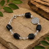 Schwarzer Turmalin Kristall Armband mit Bergkristall & Blume des Lebens | 925er Silber #8120